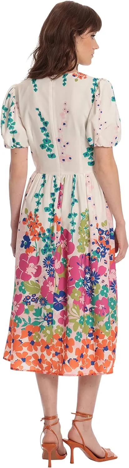 Donna Morgan Women's Colorful Floral and Vine Printed V-Neck Puff Sleeve Midi Dress
