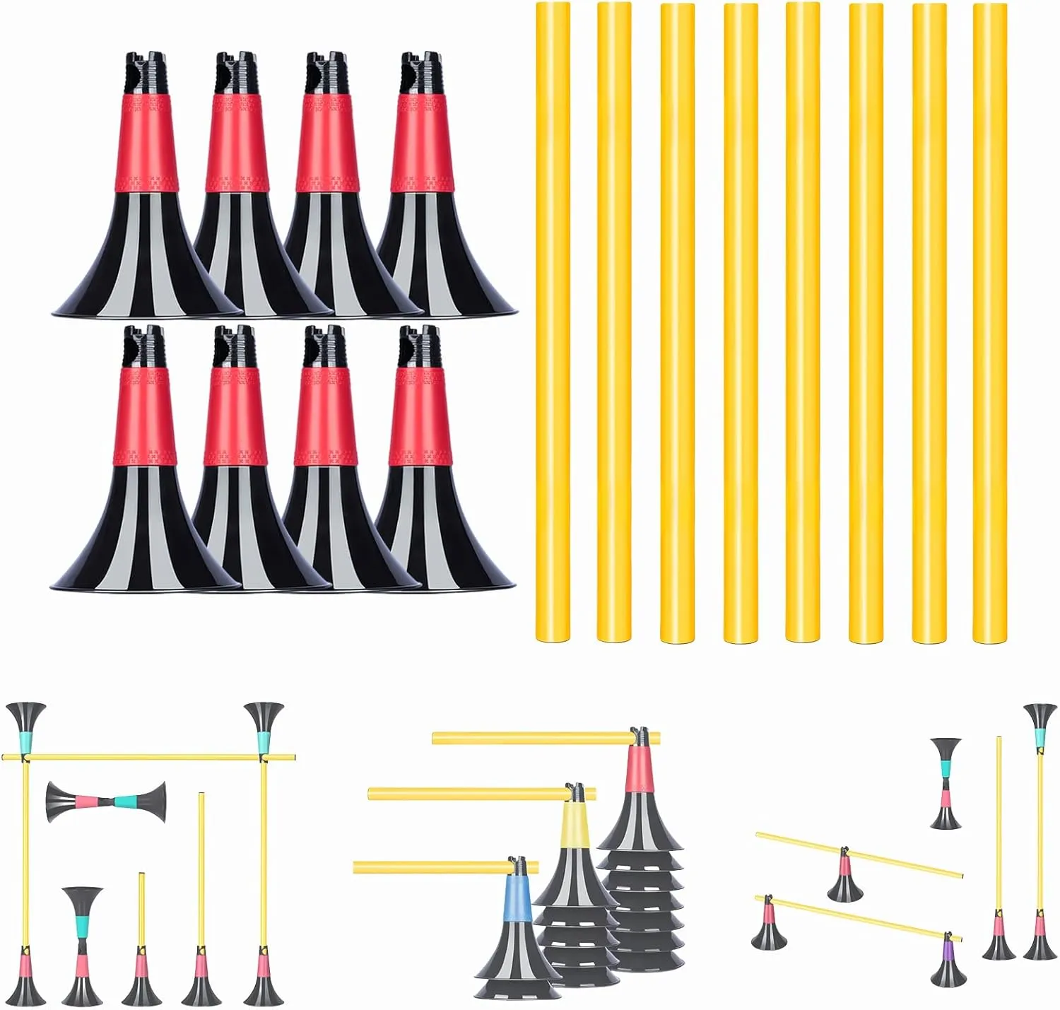 Double Opening Design conical Obstacle Cones for Sports Training, 8pcs Cones and 8pcs Poles, Suitable for Various Sports Training Equipment, Soccer Agility Basketball Cones for Training