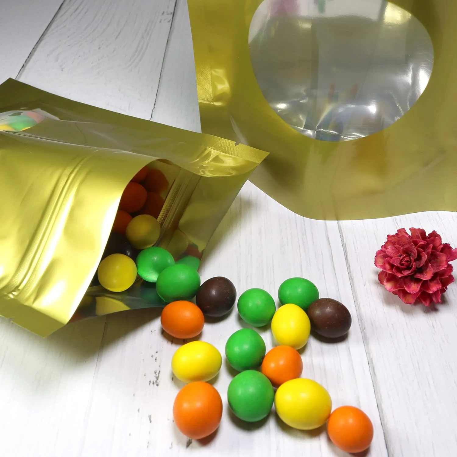 Double-Sided Matte/Glossy Color with Clear Round Window Stand-Up Pouch (100 Bags/Pack) (4" x 6.3", Glossy Gold)