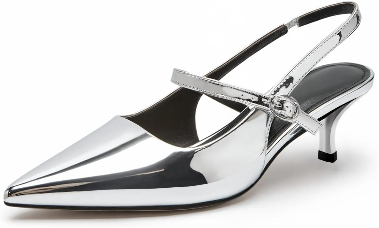 DREAMCIA Metallic Silver Slingback Heels for Women,Women's Slingback Kitten Heel with Pointed Toe Heels Buckle Strap Pumps 6