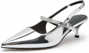DREAMCIA Metallic Silver Slingback Heels for Women,Women's Slingback Kitten Heel with Pointed Toe Heels Buckle Strap Pumps 6
