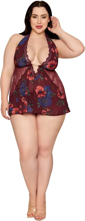 Dreamgirl Women's Plus Size Floral Cherry Lacquer Babydoll & G-String