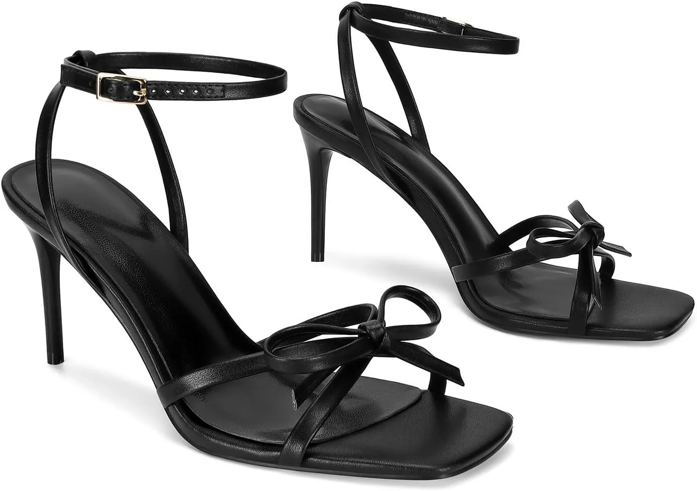 Dsevht Gold Bow Heels for Women Sexy Stiletto Strappy Heeled Sandals Square Open Toe Bow Knot Metallic Slingback Heels Dress Shoes