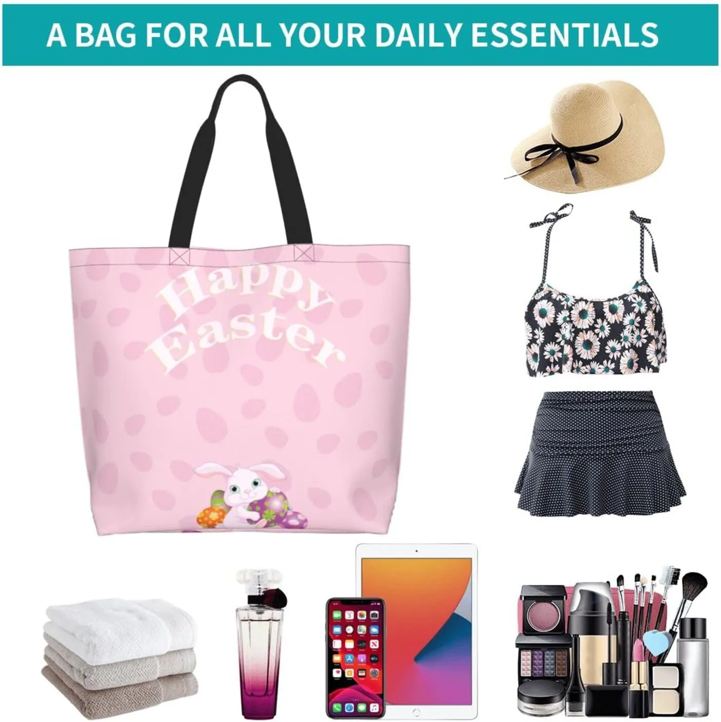 Easter Canvas Tote Bag Happy Easter Shoulder Bag Egg Casual Grocery Bags Easter Bags for Outdoor