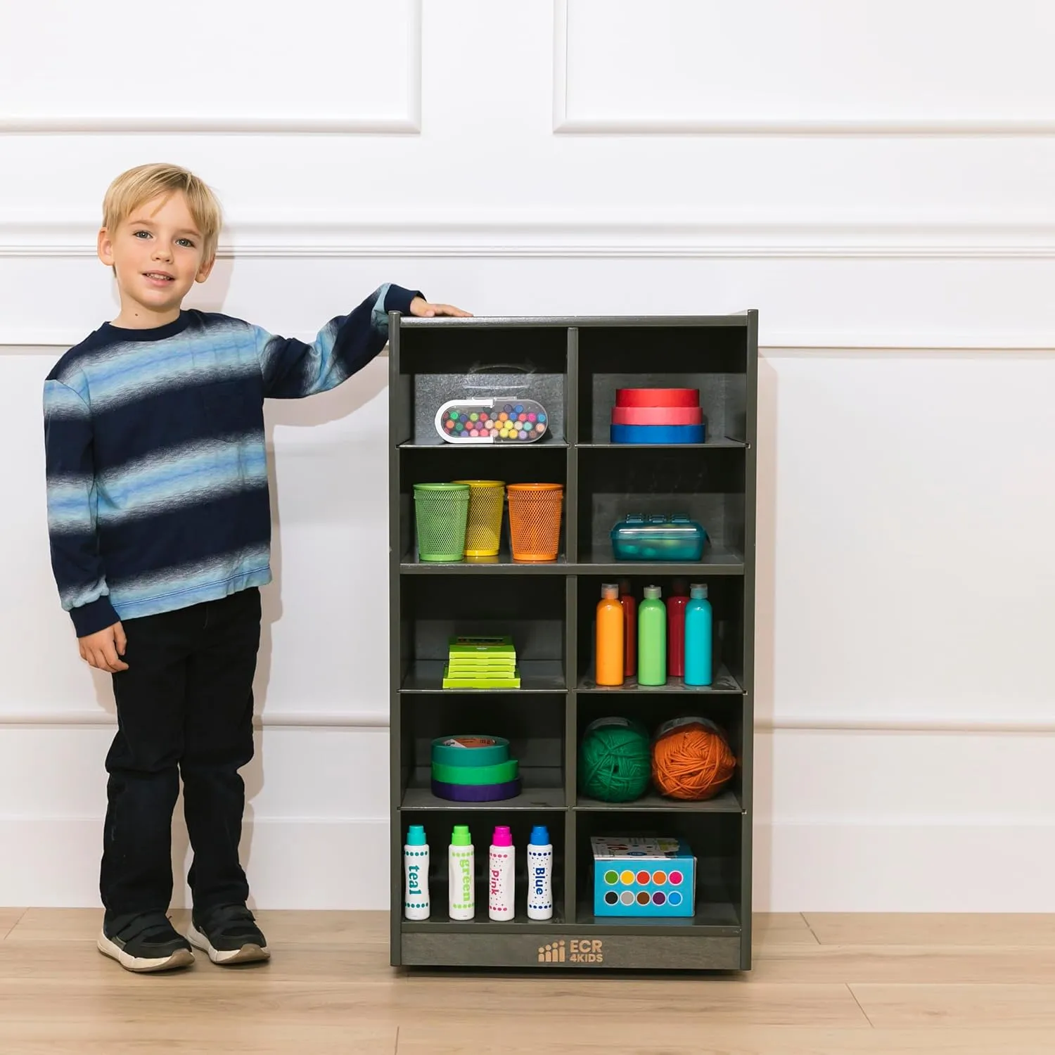 ECR4Kids 10 Cubby Mobile Tray Storage Cabinet, 5x2, Classroom Furniture, Grey Wash