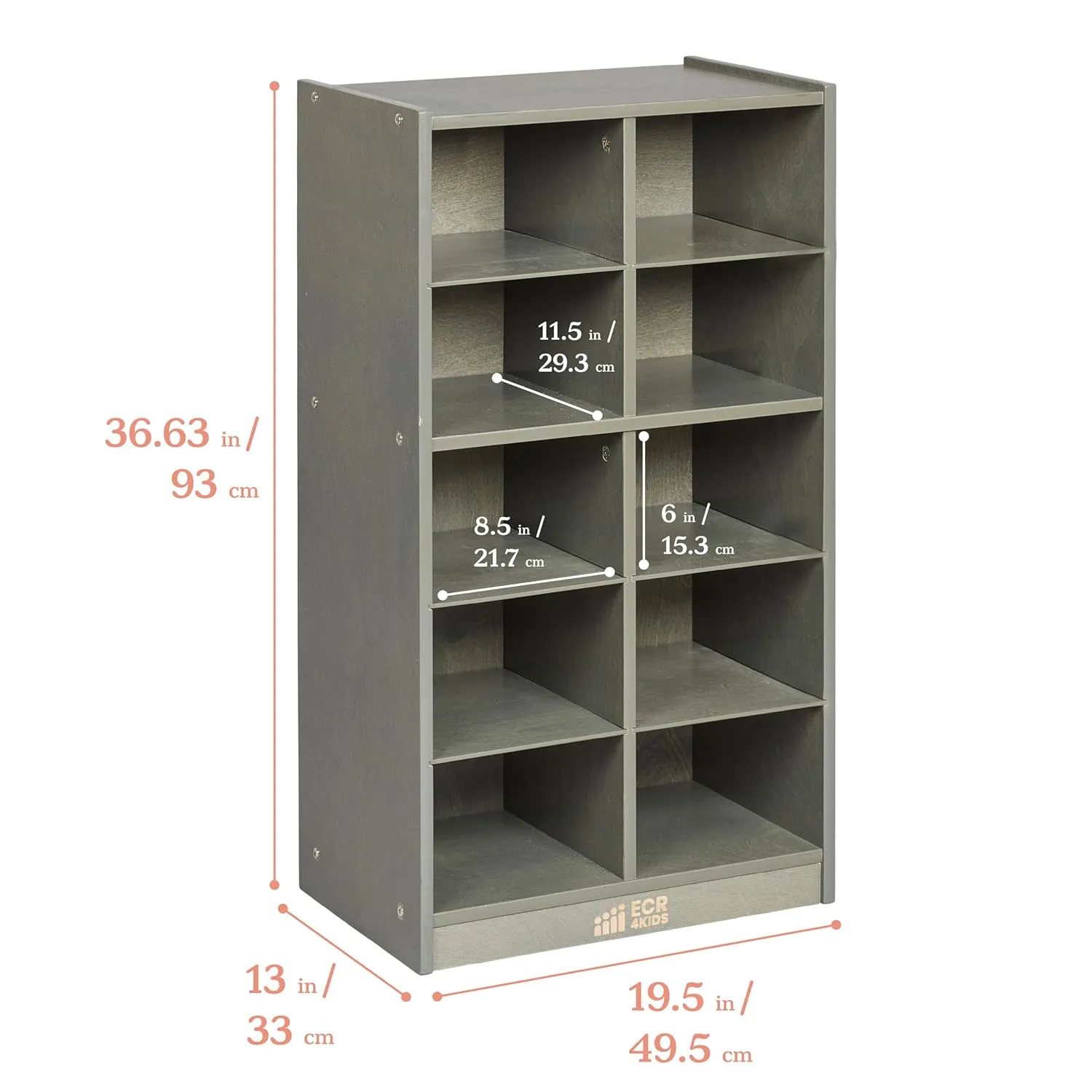 ECR4Kids 10 Cubby Mobile Tray Storage Cabinet, 5x2, Classroom Furniture, Grey Wash