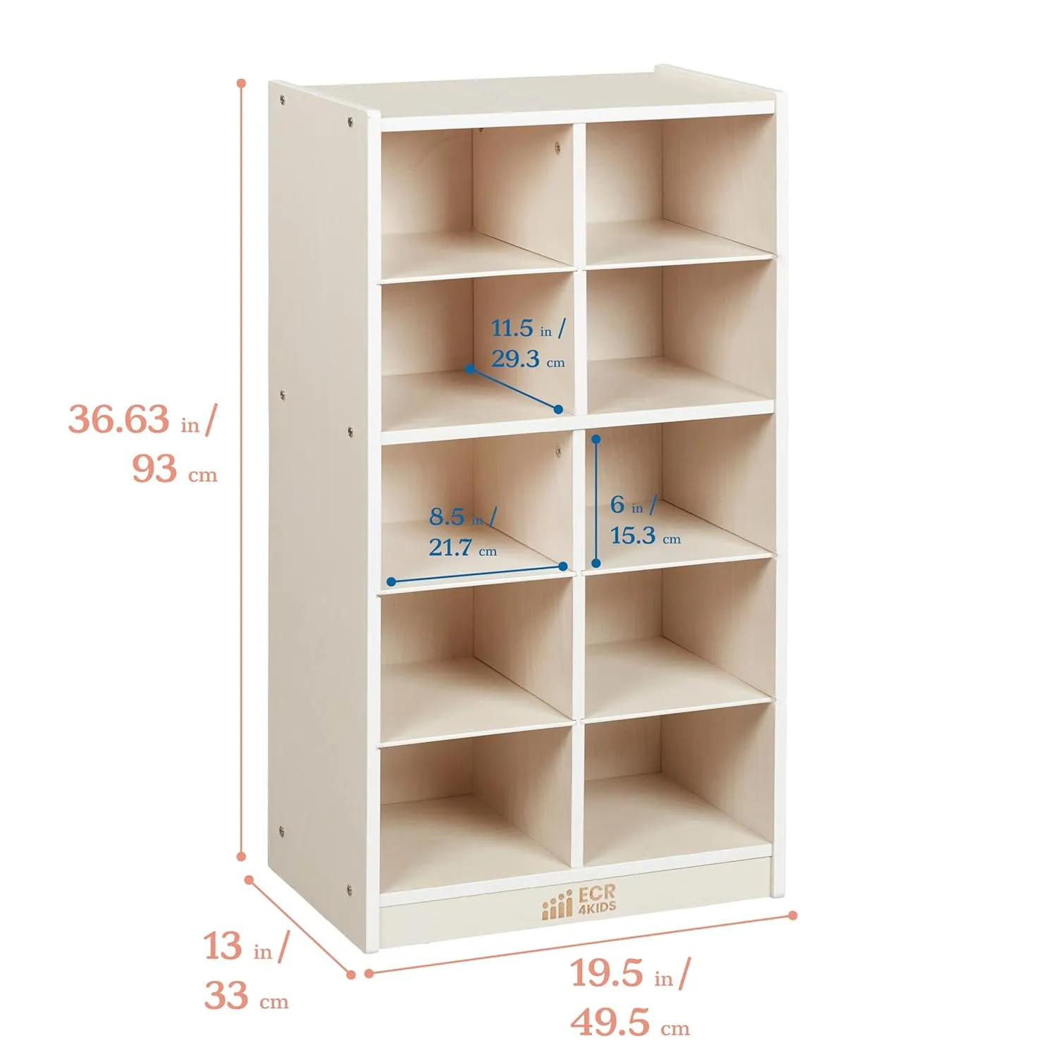 ECR4Kids 10 Cubby Mobile Tray Storage Cabinet, 5x2, Classroom Furniture, White Wash