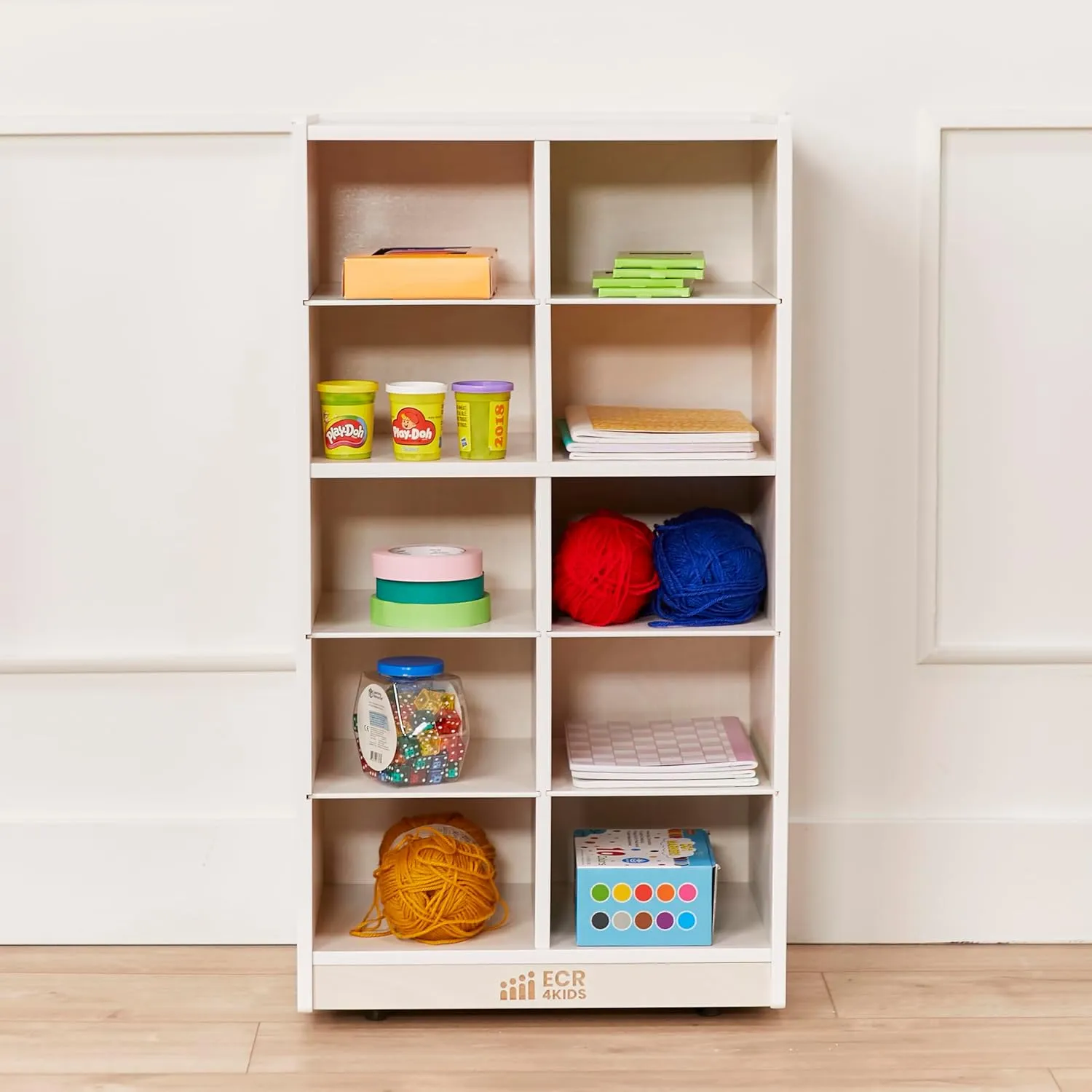 ECR4Kids 10 Cubby Mobile Tray Storage Cabinet, 5x2, Classroom Furniture, White Wash