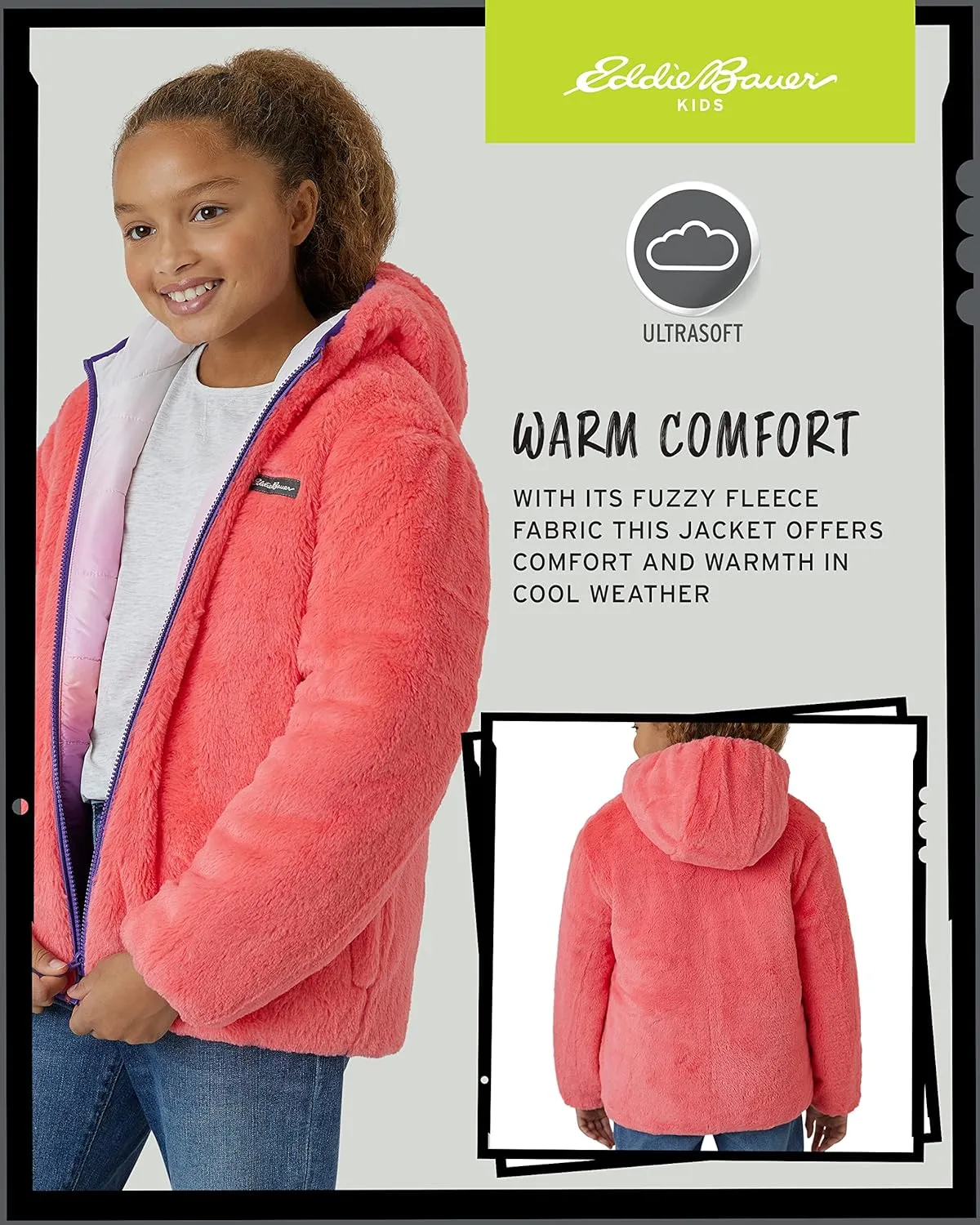 Eddie Bauer Girls' Reversible Jacket - Deer Harbor Waterproof Lightweight Puffer Coat with Faux Shearling Lining (5-20)