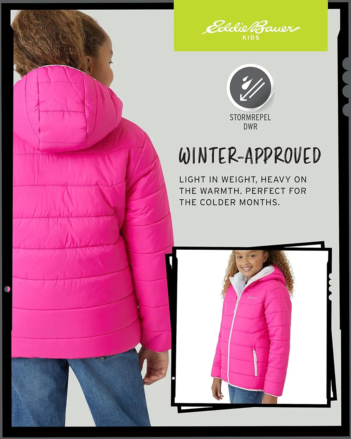 Eddie Bauer Girls' Reversible Jacket - Deer Harbor Waterproof Lightweight Puffer Coat with Faux Shearling Lining (5-20)