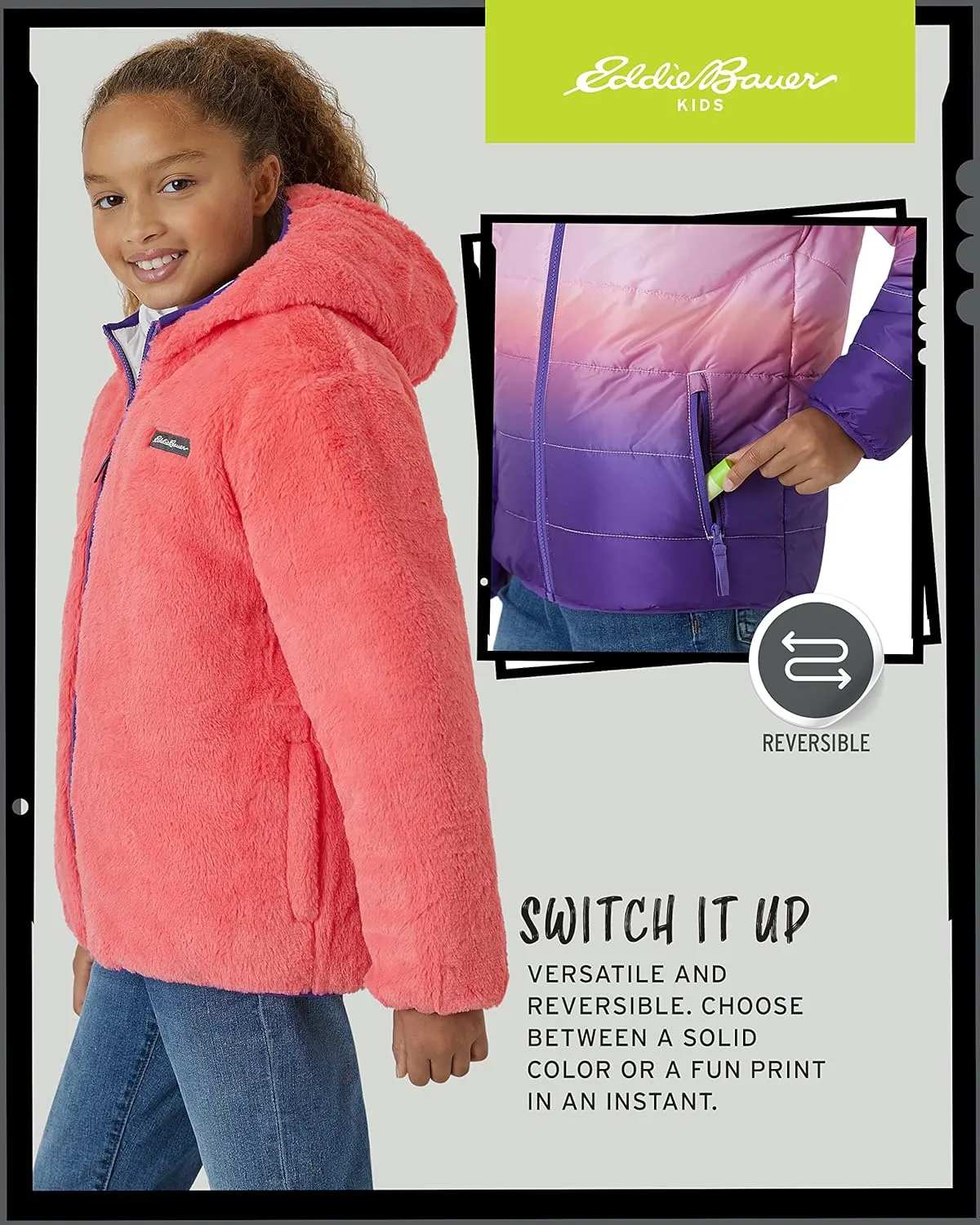Eddie Bauer Girls' Reversible Jacket - Deer Harbor Waterproof Lightweight Puffer Coat with Faux Shearling Lining (5-20)