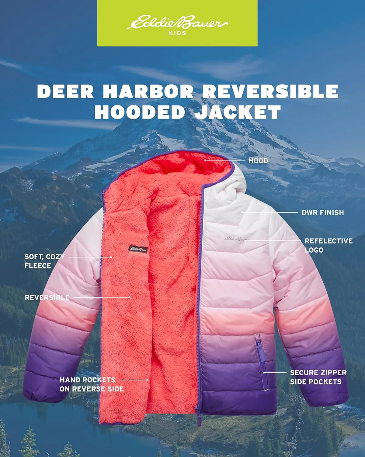 Eddie Bauer Girls' Reversible Jacket - Deer Harbor Waterproof Lightweight Puffer Coat with Faux Shearling Lining (5-20)