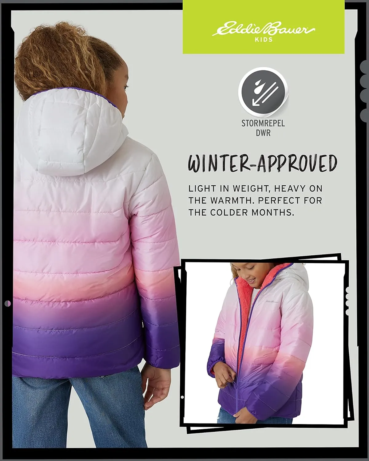 Eddie Bauer Girls' Reversible Jacket - Deer Harbor Waterproof Lightweight Puffer Coat with Faux Shearling Lining (5-20)