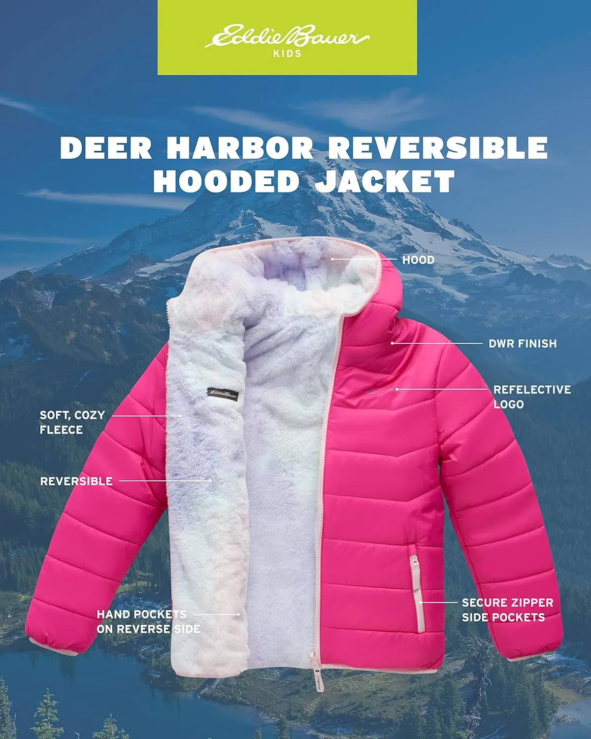 Eddie Bauer Girls' Reversible Jacket - Deer Harbor Waterproof Lightweight Puffer Coat with Faux Shearling Lining (5-20)