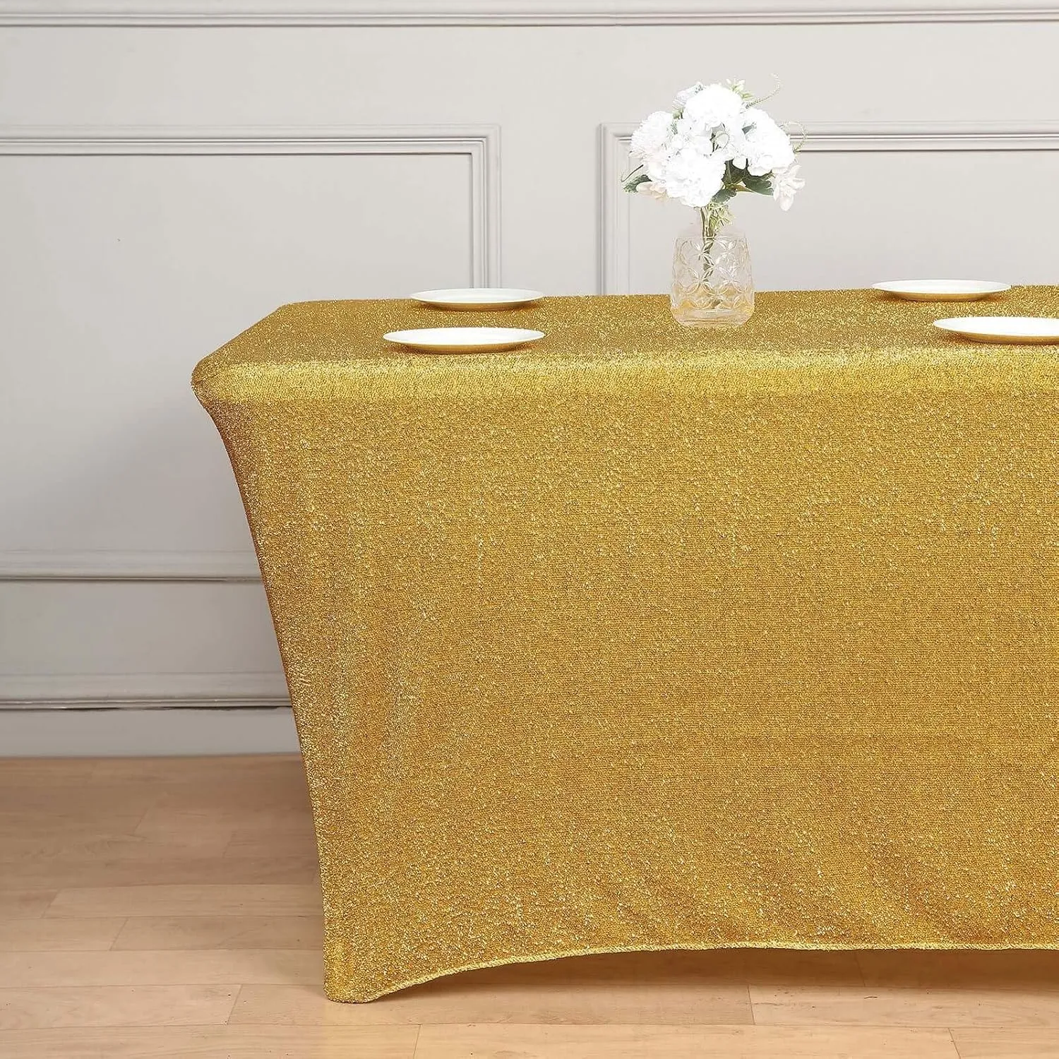 Efavormart 6ft Metallic Gold Glitter Rectangular Spandex Fitted Table Cover, Stretch Fit Tablecloth