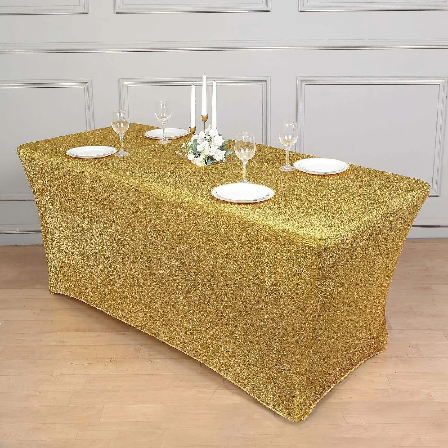 Efavormart 6ft Metallic Gold Glitter Rectangular Spandex Fitted Table Cover, Stretch Fit Tablecloth