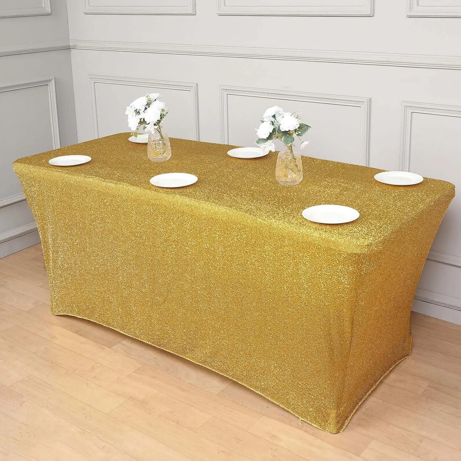 Efavormart 6ft Metallic Gold Glitter Rectangular Spandex Fitted Table Cover, Stretch Fit Tablecloth