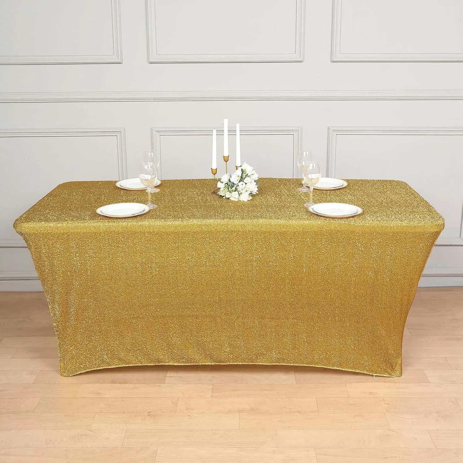 Efavormart 6ft Metallic Gold Glitter Rectangular Spandex Fitted Table Cover, Stretch Fit Tablecloth