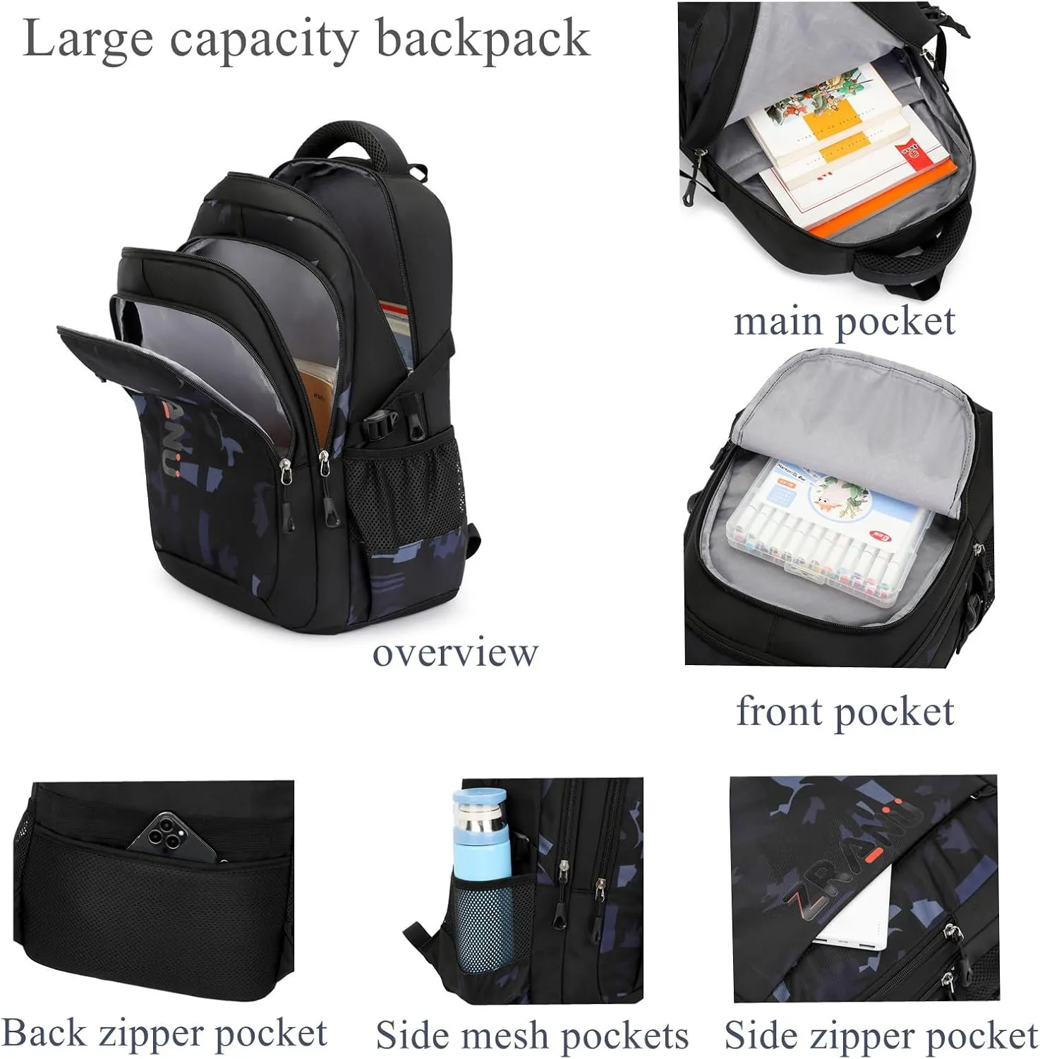 EKUIZAI Black camouflage print Backpack for Boys Middle School Geometric Printed Schoolbag