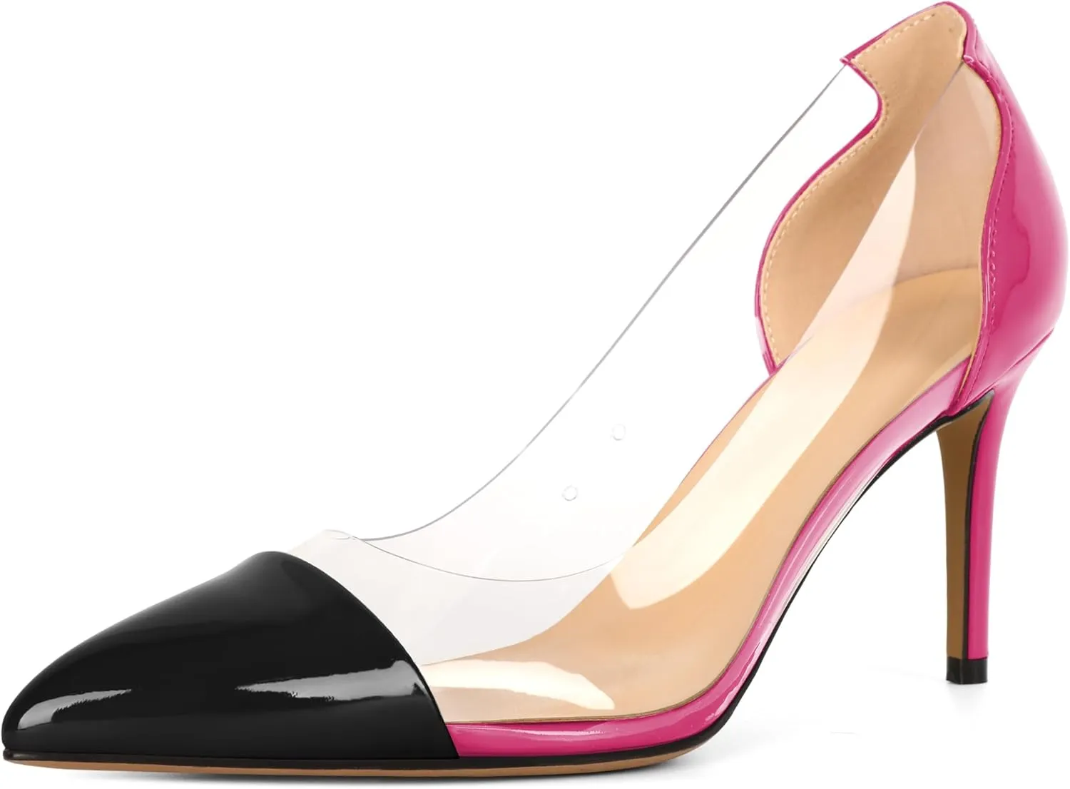 Eldof Women's Stilettos Pumps Pointed Toe Clear Transparent PVC Vamp High Heels Slip on 3 Inch Wedding Dressy Work Shoes
