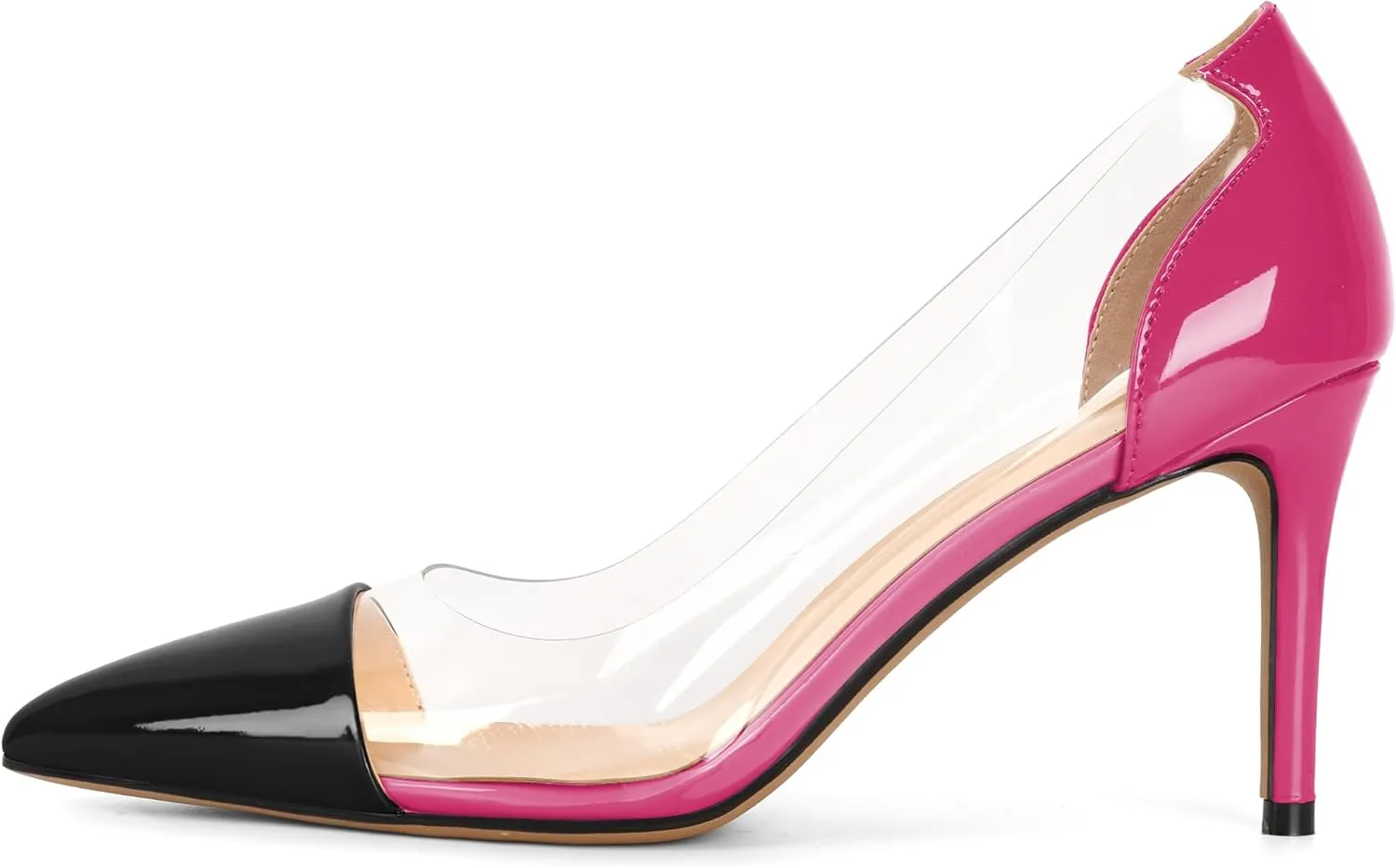 Eldof Women's Stilettos Pumps Pointed Toe Clear Transparent PVC Vamp High Heels Slip on 3 Inch Wedding Dressy Work Shoes