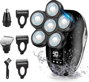 Electric Head Shaver for Bald Men, 6 in 1 Mens Electric Head Razor Bald Head Shaver Cordless Razor Men, IPX7 Wet/Dry Waterproof Men's Rotary with Head Shavers Kit LED Display Silver