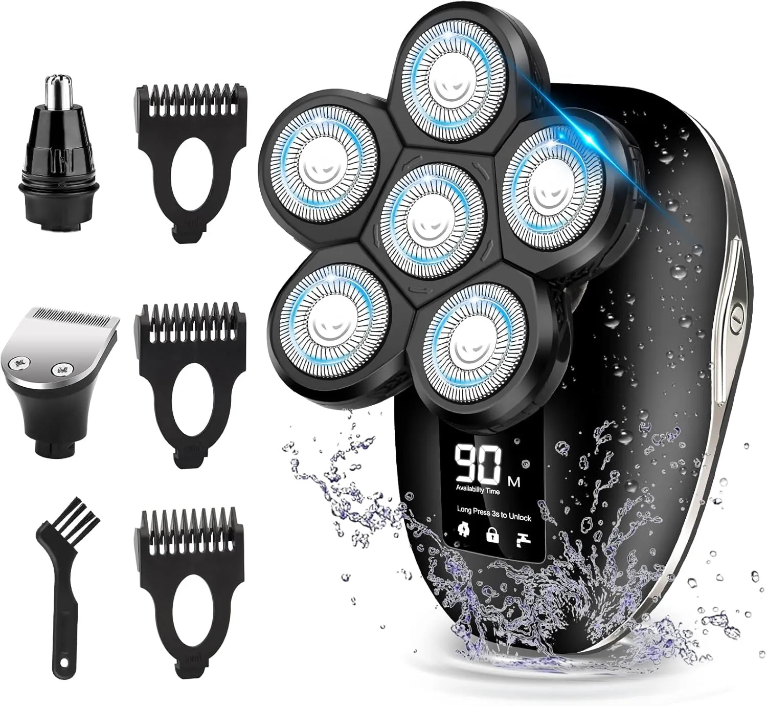 Electric Head Shaver for Bald Men, 6 in 1 Mens Electric Head Razor Bald Head Shaver Cordless Razor Men, IPX7 Wet/Dry Waterproof Men's Rotary with Head Shavers Kit LED Display Silver
