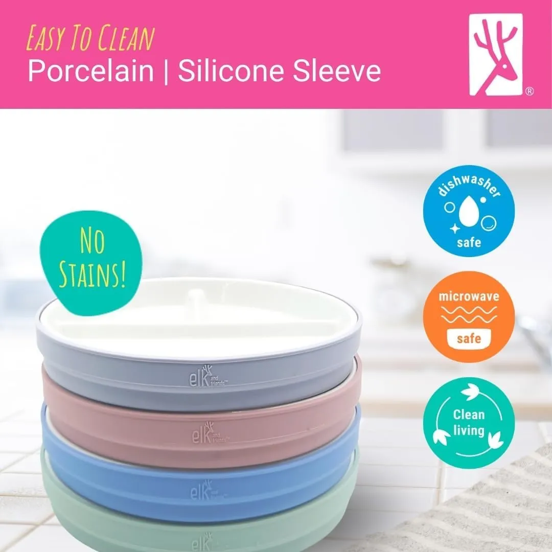 Elk and Friends Kids 7.8” Porcelain Divided Plates with Silicone Suction Sleeves | Suitable for Kids/Toddlers | Microwave & Dishwasher Safe | Non Slip | Snack Dishes