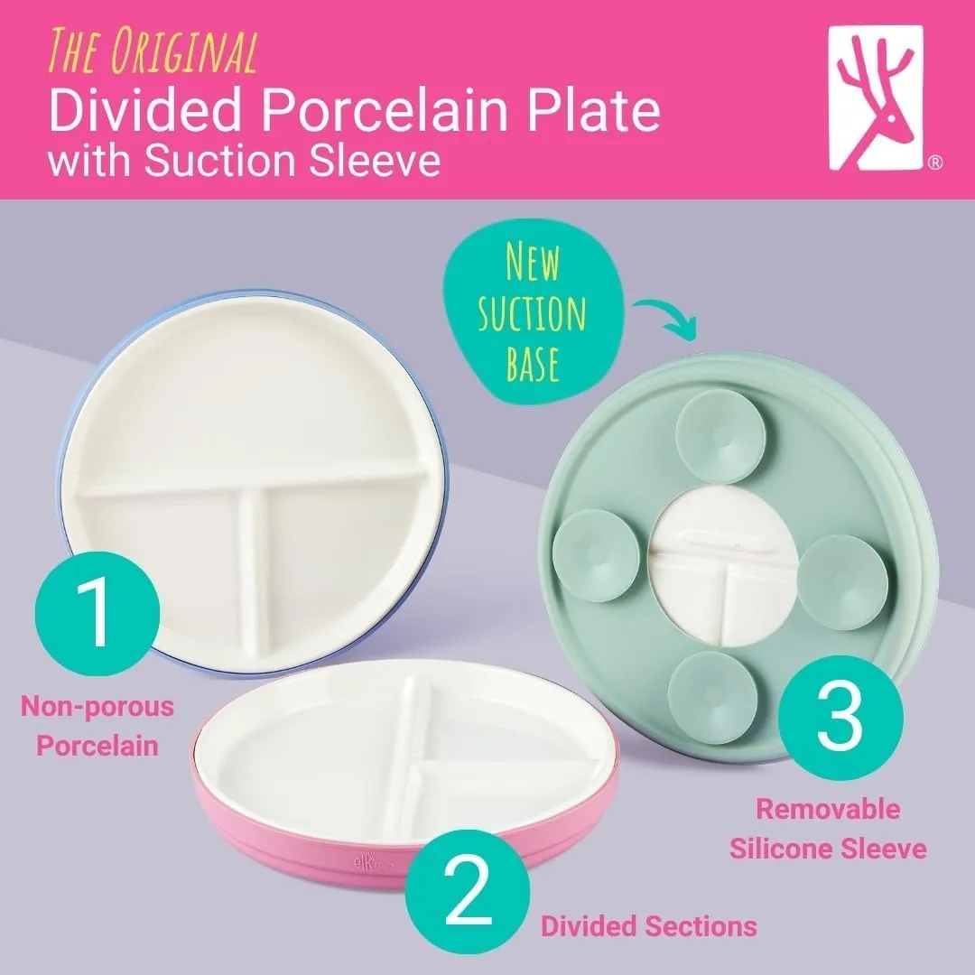 Elk and Friends Kids 7.8” Porcelain Divided Plates with Silicone Suction Sleeves | Suitable for Kids/Toddlers | Microwave & Dishwasher Safe | Non Slip | Snack Dishes