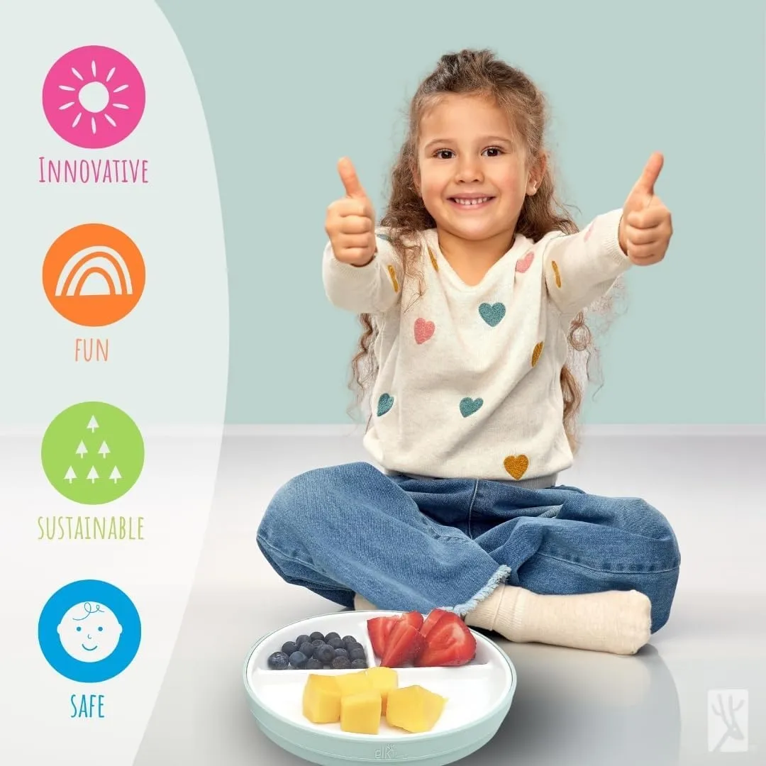 Elk and Friends Kids 7.8” Porcelain Divided Plates with Silicone Suction Sleeves | Suitable for Kids/Toddlers | Microwave & Dishwasher Safe | Non Slip | Snack Dishes