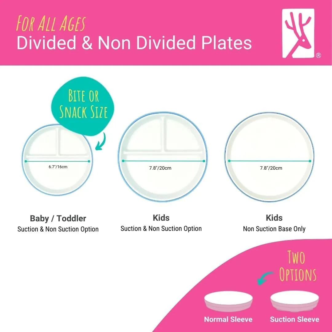 Elk and Friends Kids 7.8” Porcelain Divided Plates with Silicone Suction Sleeves | Suitable for Kids/Toddlers | Microwave & Dishwasher Safe | Non Slip | Snack Dishes