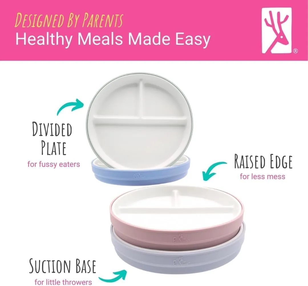 Elk and Friends Kids 7.8” Porcelain Divided Plates with Silicone Suction Sleeves | Suitable for Kids/Toddlers | Microwave & Dishwasher Safe | Non Slip | Snack Dishes
