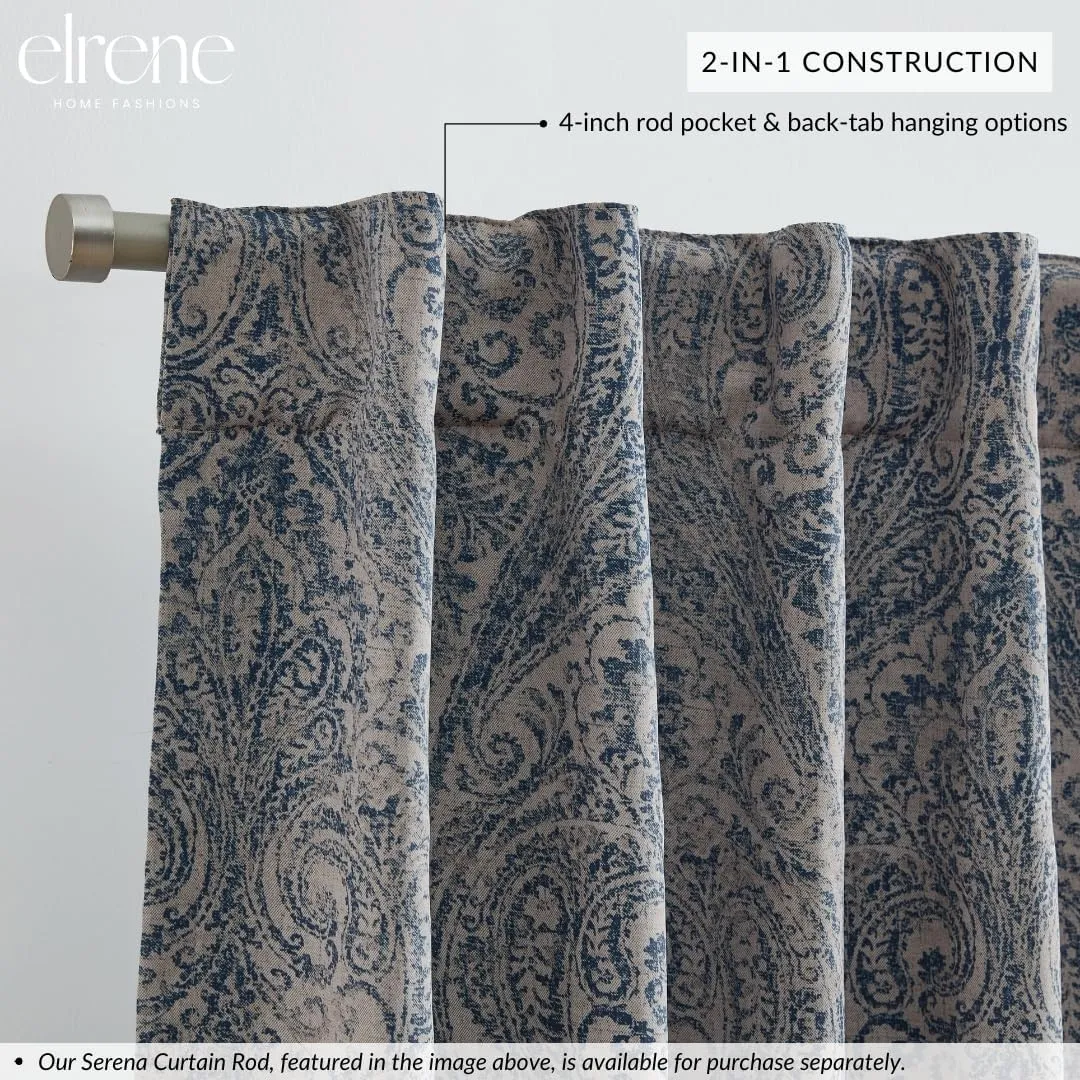 Elrene Home Fashions Vittoria Paisley Floral Printed Blackout Window Curtain Panel, 52"x95", Blue