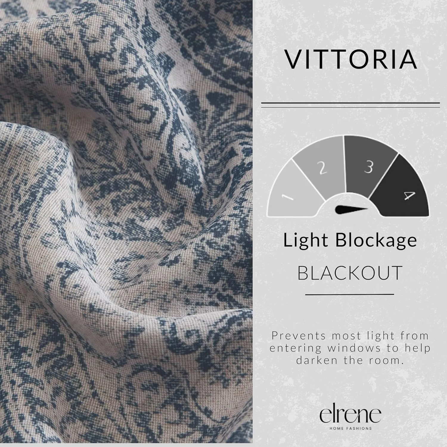 Elrene Home Fashions Vittoria Paisley Floral Printed Blackout Window Curtain Panel, 52"x95", Blue