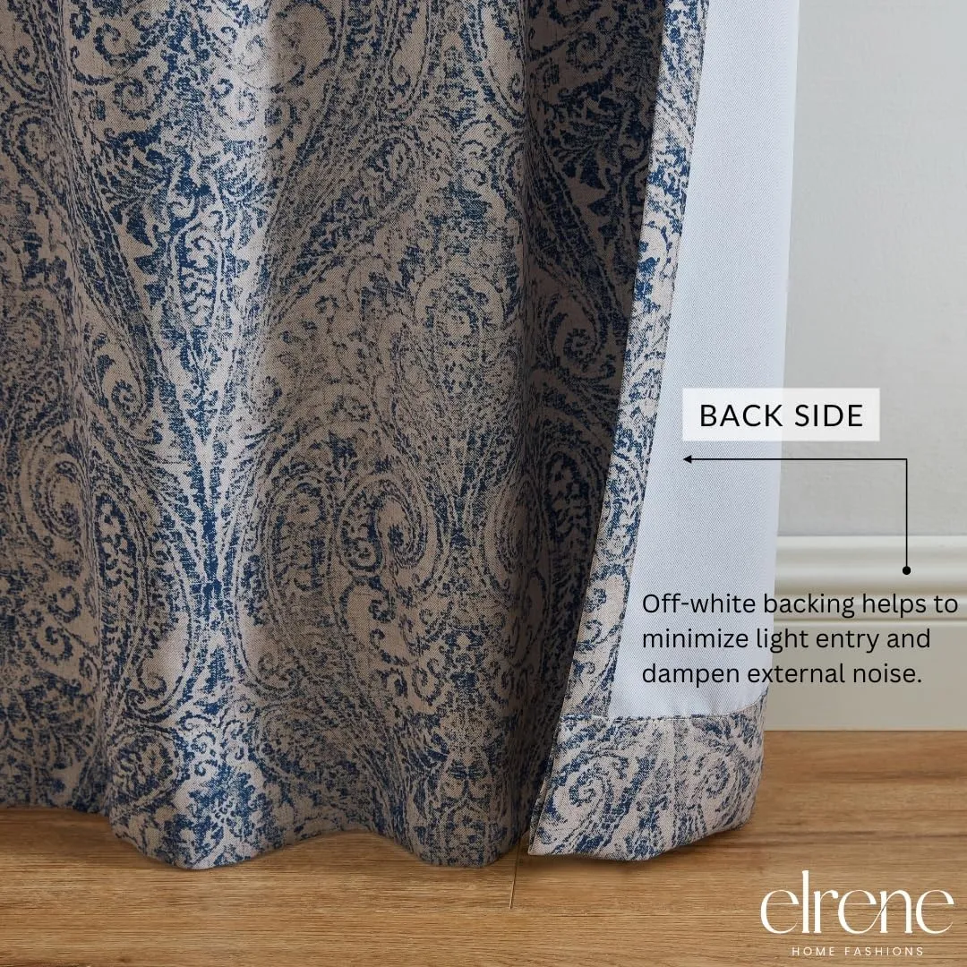 Elrene Home Fashions Vittoria Paisley Floral Printed Blackout Window Curtain Panel, 52"x95", Blue