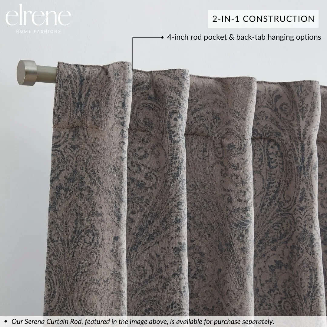 Elrene Home Fashions Vittoria Paisley Floral Printed Blackout Window Curtain Panel, 52"x95", Gray