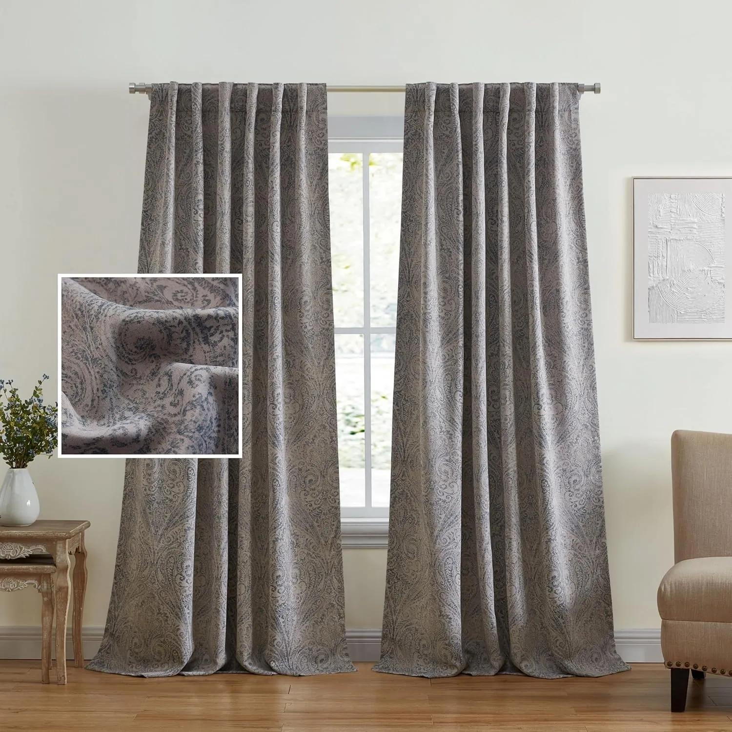 Elrene Home Fashions Vittoria Paisley Floral Printed Blackout Window Curtain Panel, 52"x95", Gray