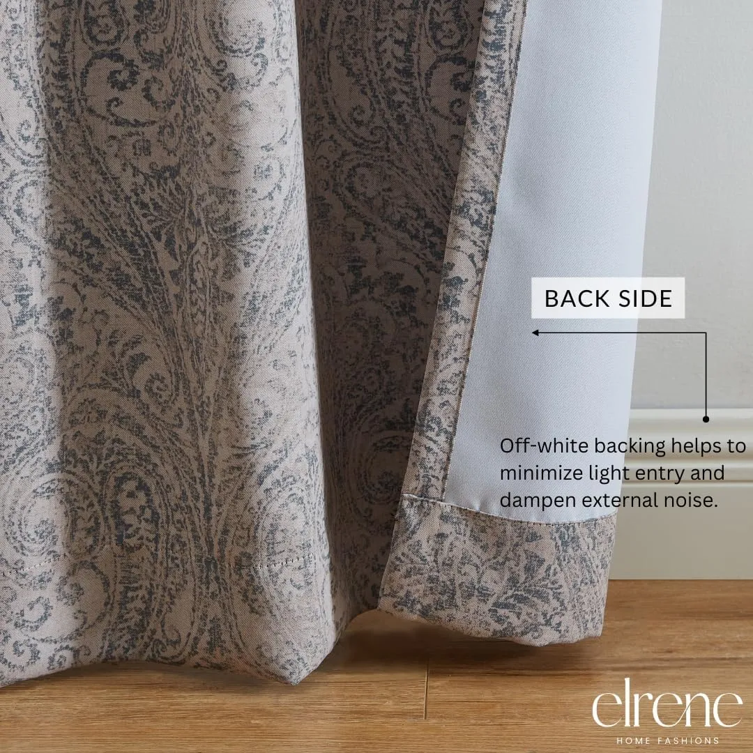 Elrene Home Fashions Vittoria Paisley Floral Printed Blackout Window Curtain Panel, 52"x95", Gray
