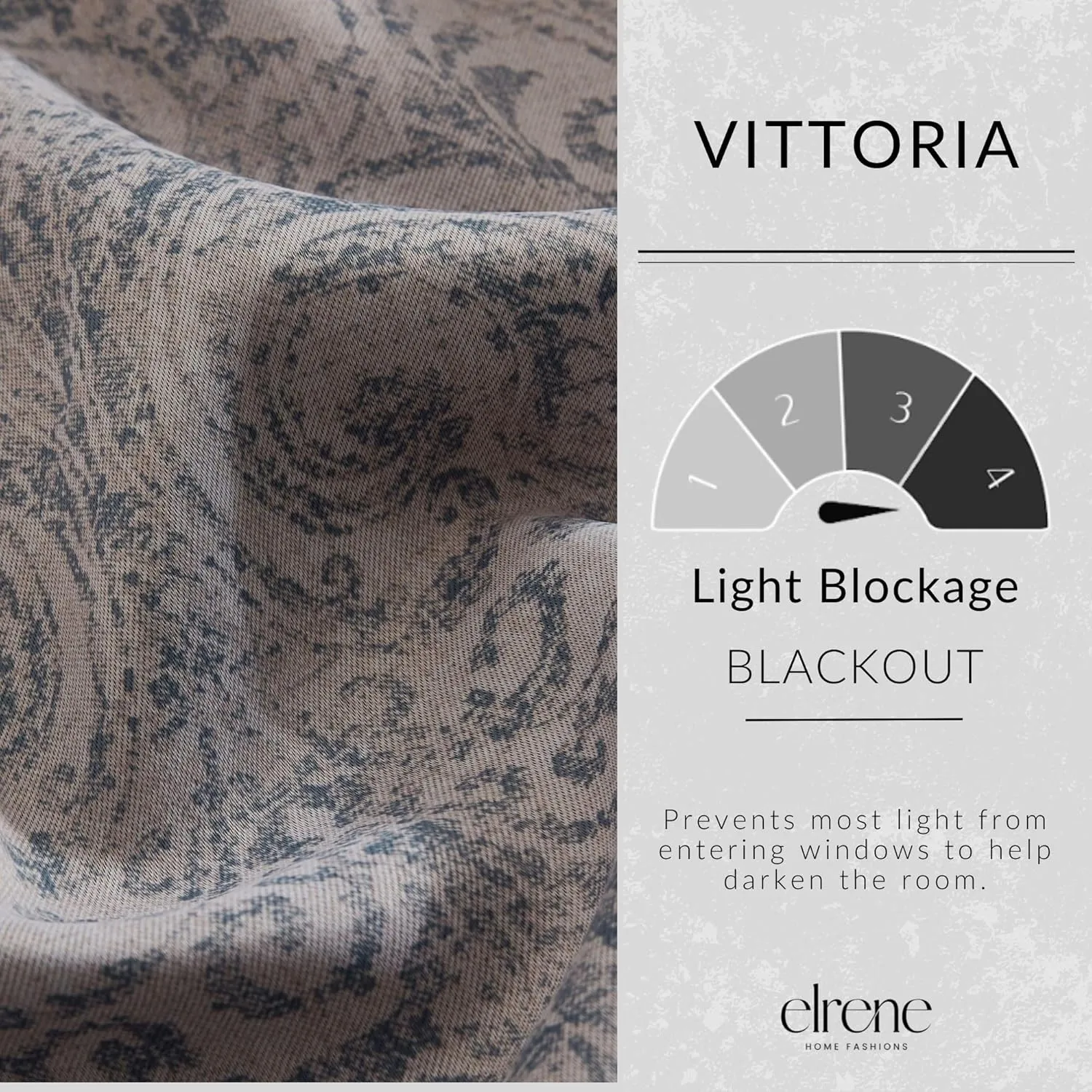 Elrene Home Fashions Vittoria Paisley Floral Printed Blackout Window Curtain Panel, 52"x95", Gray