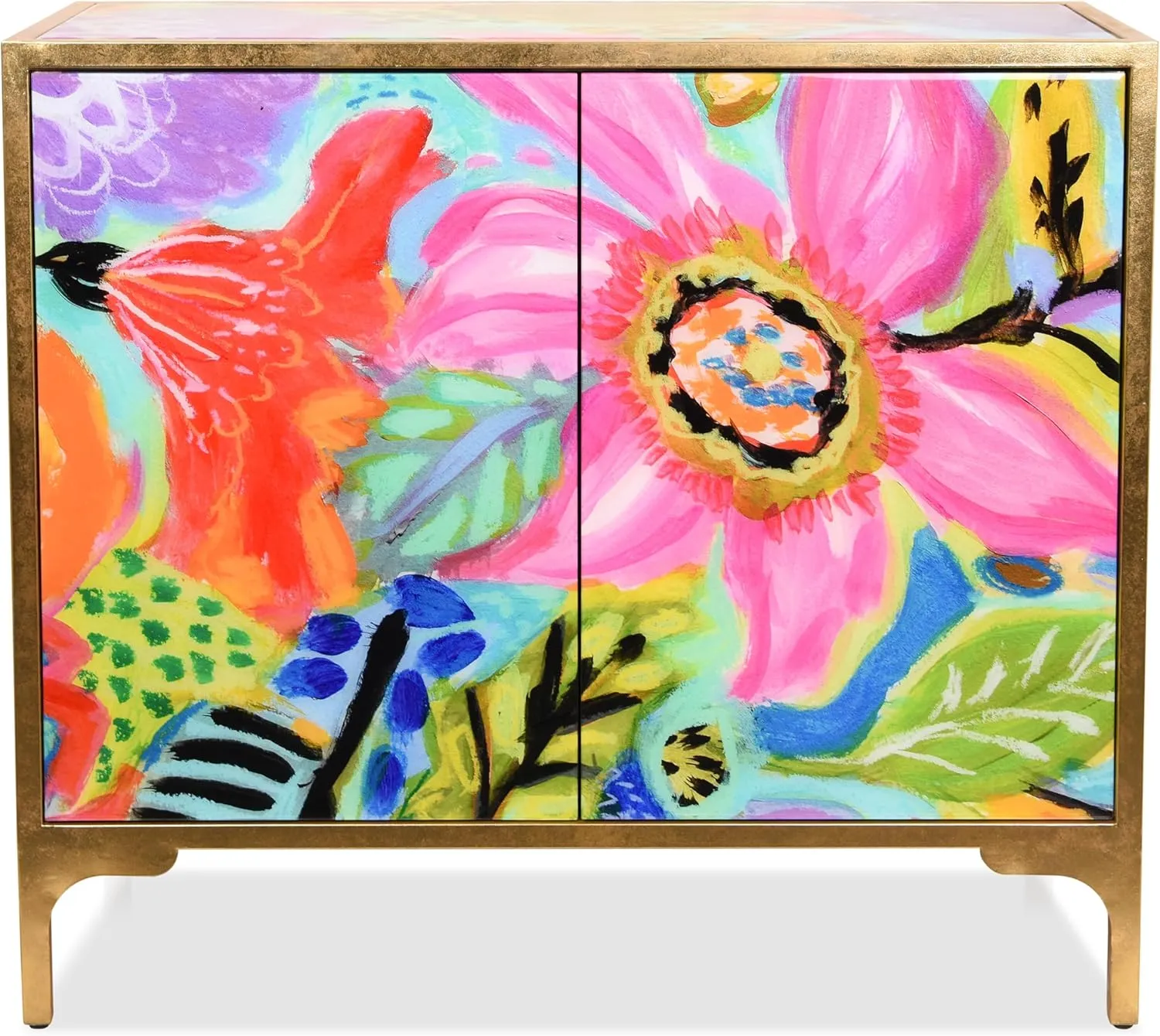 Empire Art Direct "Secret Garden Floral II Console on Beveled Reverse Printed Art Glass with Iron Gold Leafed Frame, Living Room, Bedroom & Office, 42" x 37 x 17