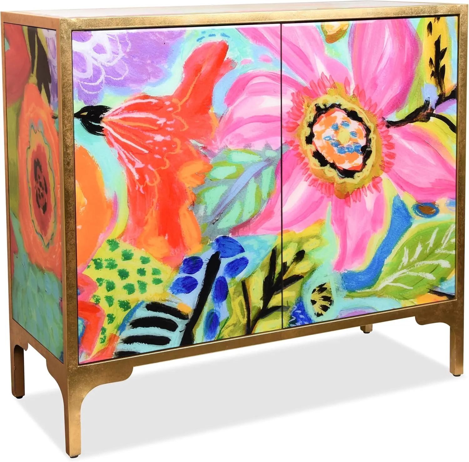 Empire Art Direct "Secret Garden Floral II Console on Beveled Reverse Printed Art Glass with Iron Gold Leafed Frame, Living Room, Bedroom & Office, 42" x 37 x 17