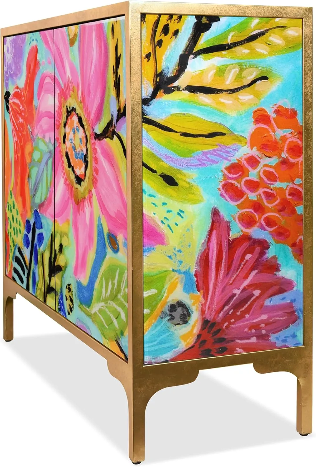 Empire Art Direct "Secret Garden Floral II Console on Beveled Reverse Printed Art Glass with Iron Gold Leafed Frame, Living Room, Bedroom & Office, 42" x 37 x 17