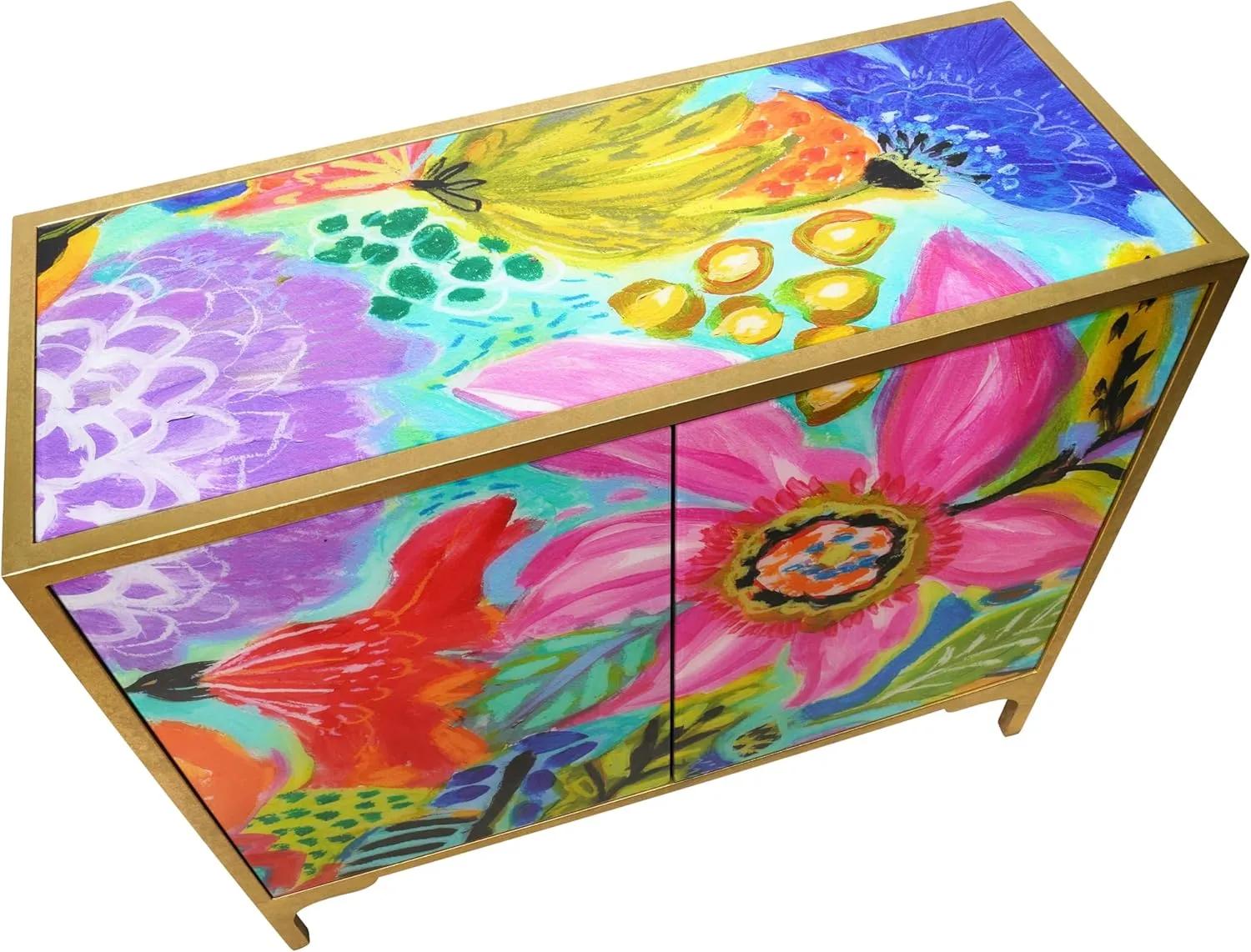 Empire Art Direct "Secret Garden Floral II Console on Beveled Reverse Printed Art Glass with Iron Gold Leafed Frame, Living Room, Bedroom & Office, 42" x 37 x 17