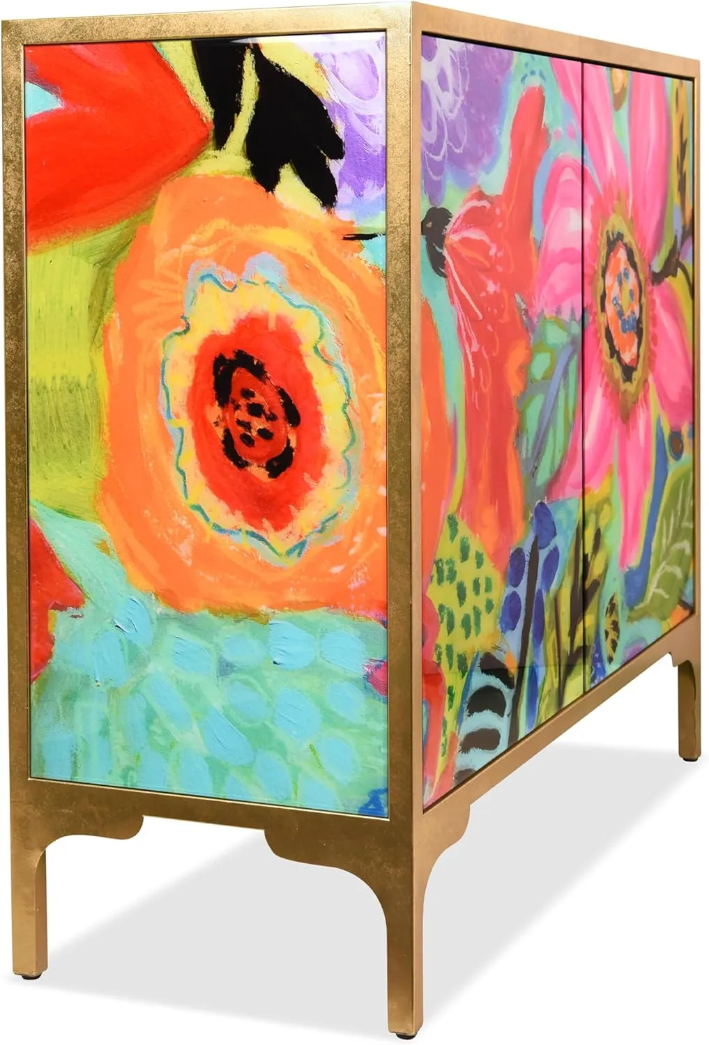 Empire Art Direct "Secret Garden Floral II Console on Beveled Reverse Printed Art Glass with Iron Gold Leafed Frame, Living Room, Bedroom & Office, 42" x 37 x 17