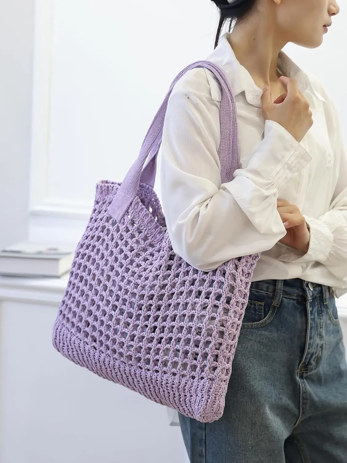 ENBEI Women's Beach Tote Bag, Crochet Knit Hollow Design, Stylish Tote for Beach,Travel and Everyday Use Aesthetic Handbag