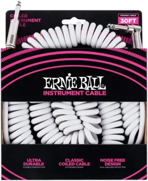Ernie Ball Coiled Instrument Cable, Straight/Angle, 30ft, White (P06045)