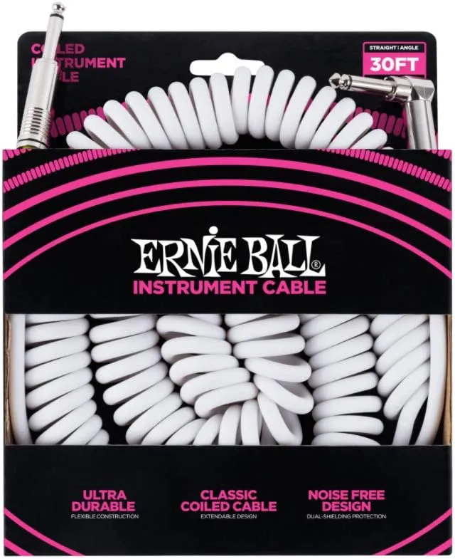 Ernie Ball Coiled Instrument Cable, Straight/Angle, 30ft, White (P06045)