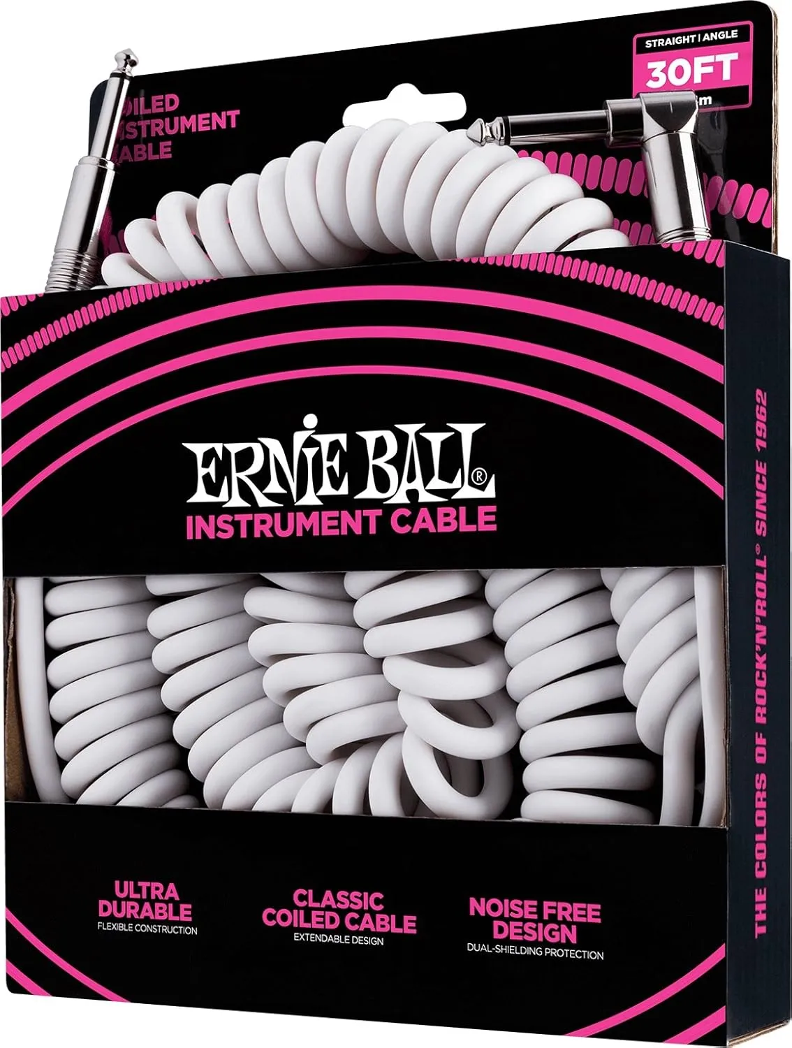 Ernie Ball Coiled Instrument Cable, Straight/Angle, 30ft, White (P06045)
