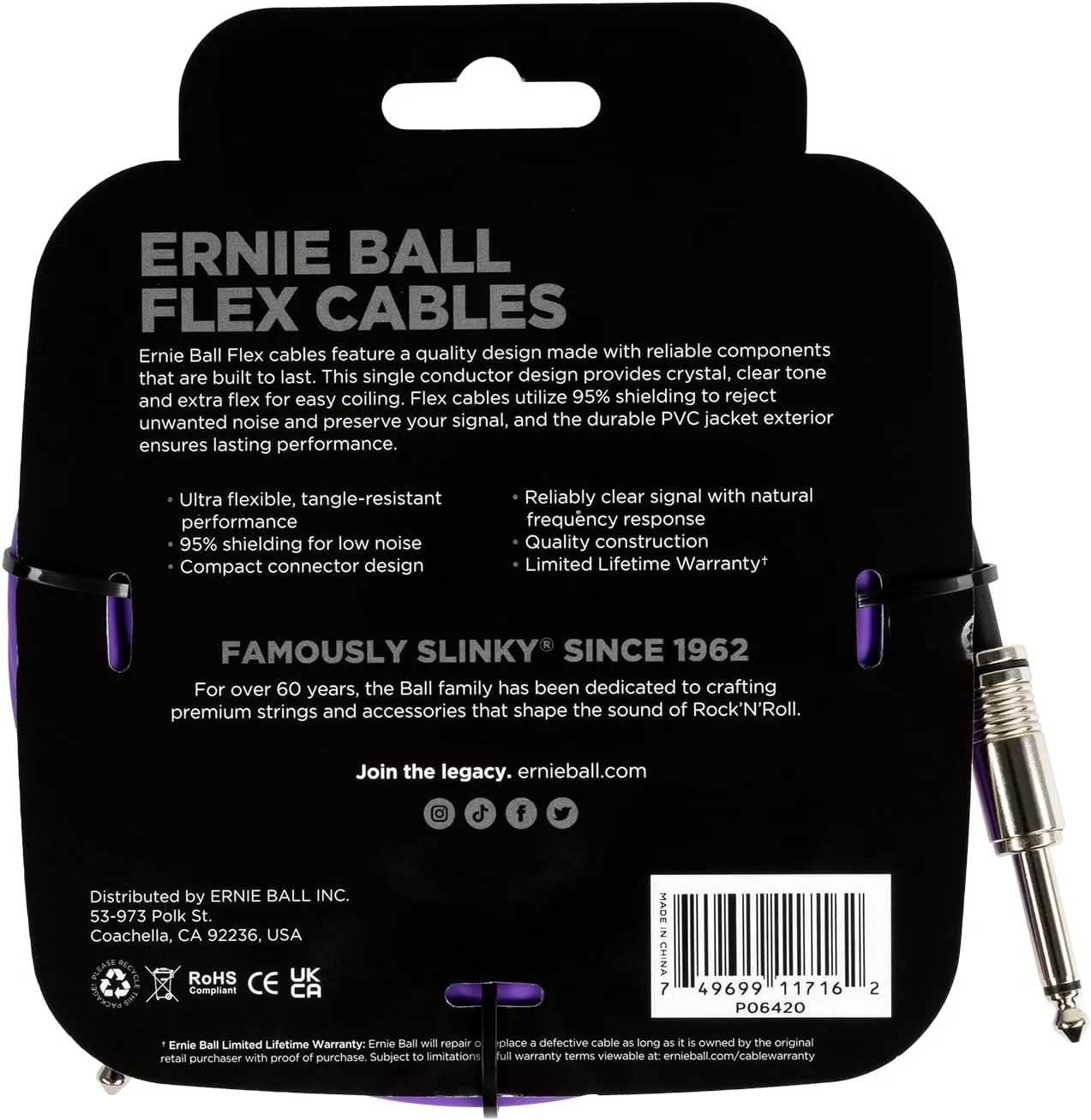 Ernie Ball Instrument Cable, 1/4" Mono, Purple, 20ft (P06420)