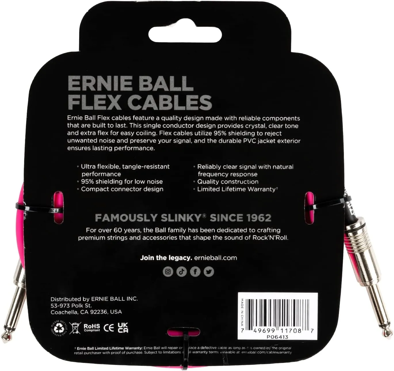 Ernie Ball Instrument Cable, Pink, 10ft (P06413)
